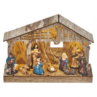 LED vianočný betlehem drevený, 19 cm, 3x AA, vnútorný, teplá biela, časovač